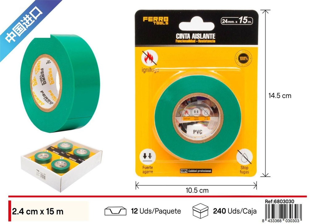Cinta aislante antiflama verde 24mm x 15m - Cinta de electricista