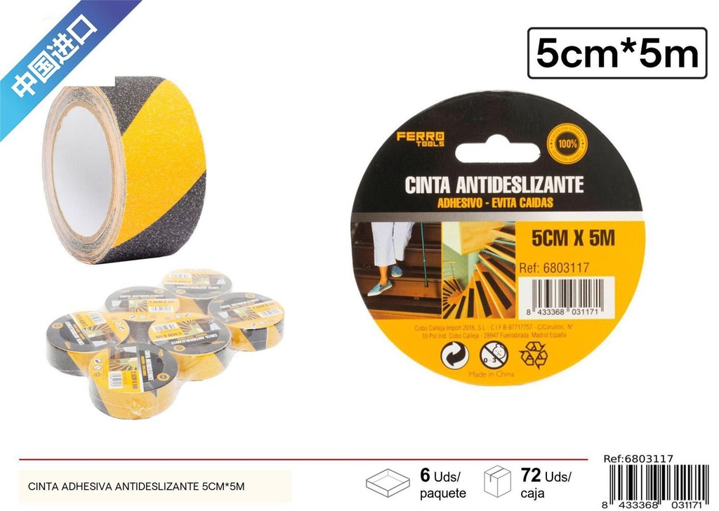 Cinta adhesiva antideslizante 5cm x 5m negra y amarilla