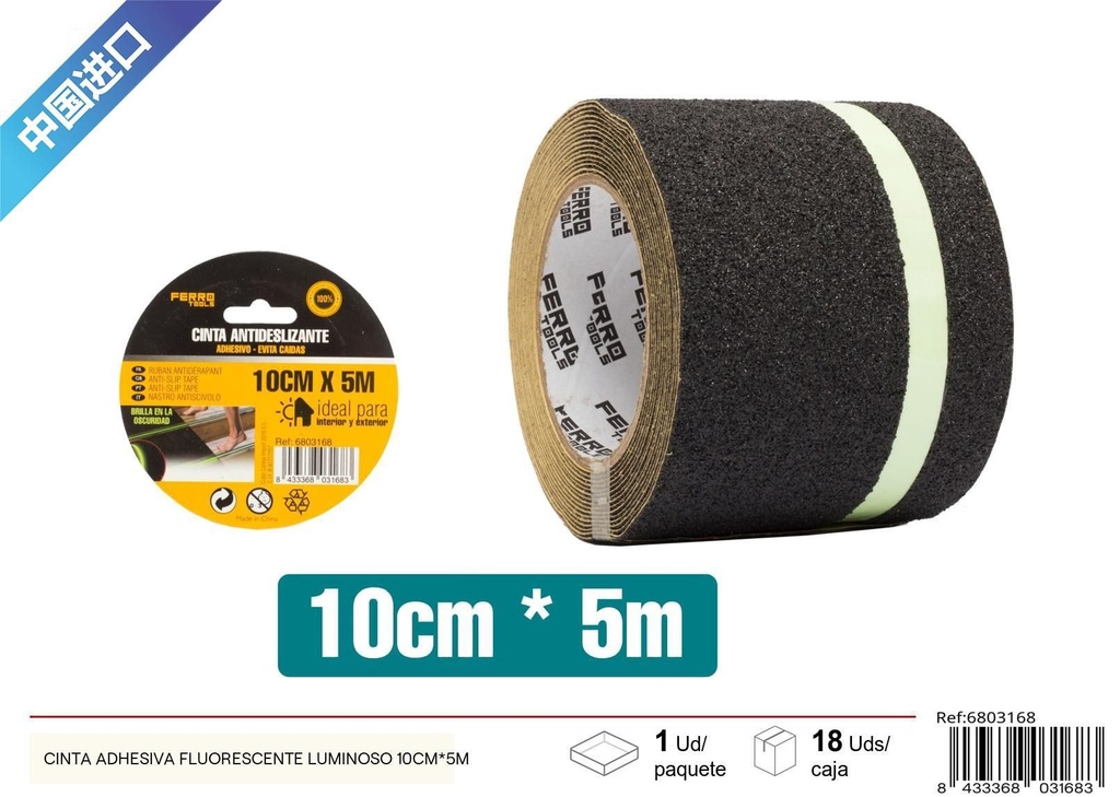 Cinta adhesiva fluorescente luminosa 10cm x 5m para señalización