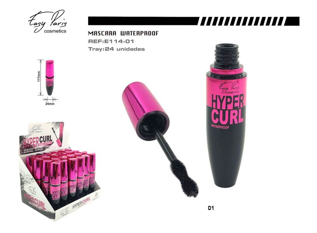 Máscara de pestañas negra waterproof Hyper Curl 24h para maquillaje