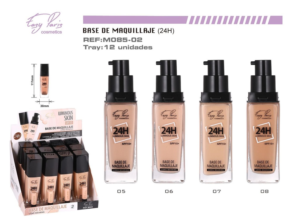 Base maquillaje luminous skin 24h F15 12/u para cosmética