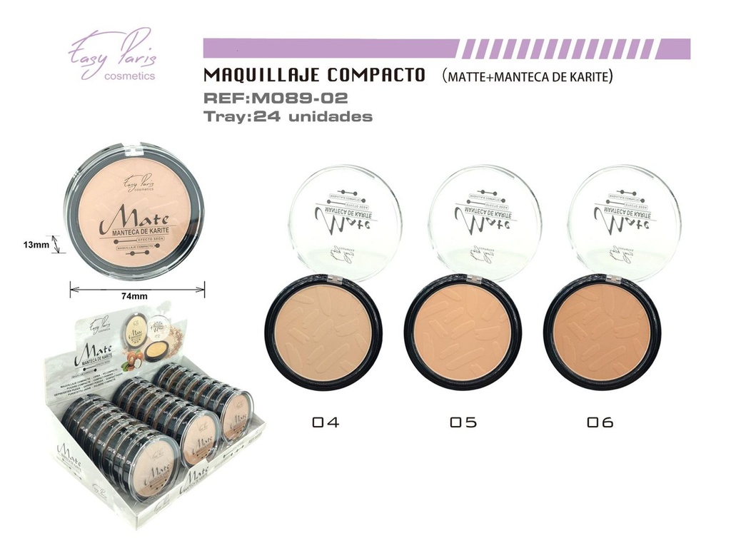 Maquillaje compacto mate con manteca de karité 24/u