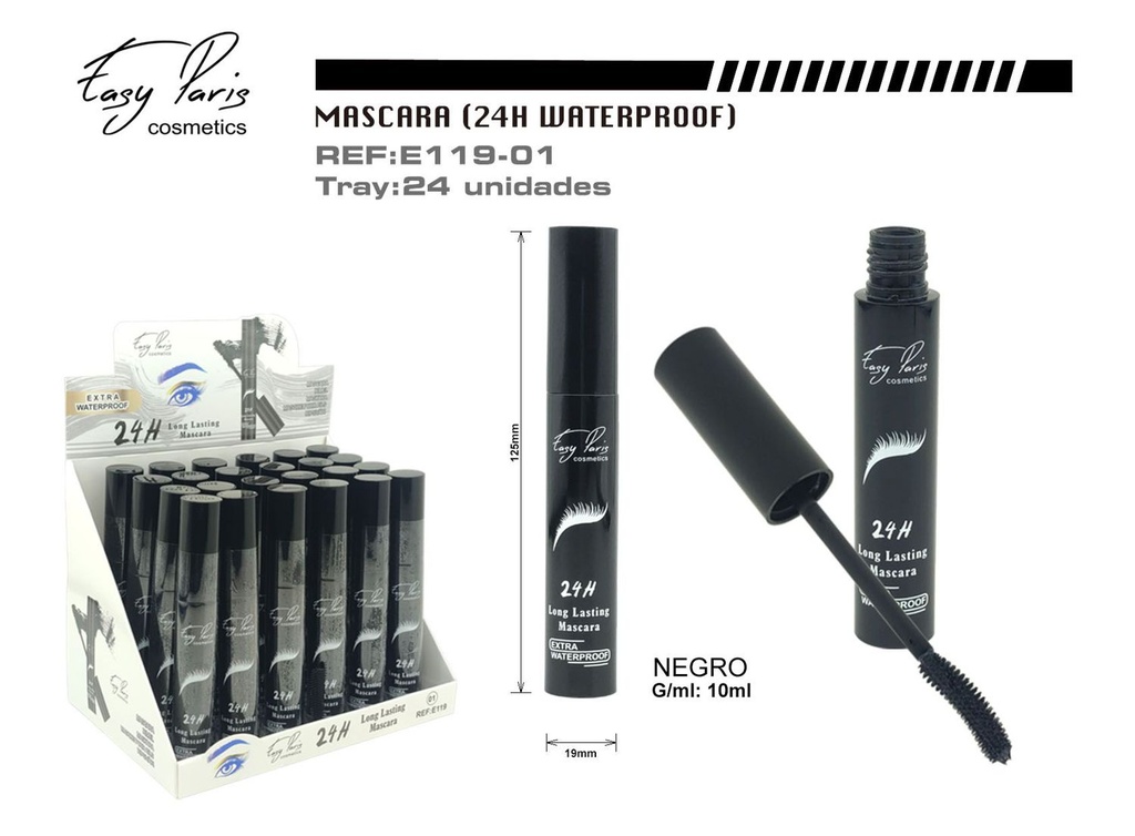 Máscara de pestañas waterproof negra 24/u maquillaje