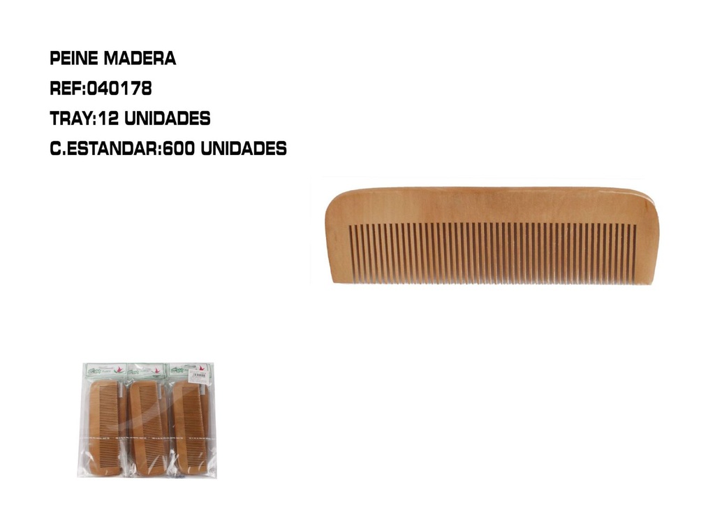 Peine de madera 17cm 12/u para cuidado del cabello