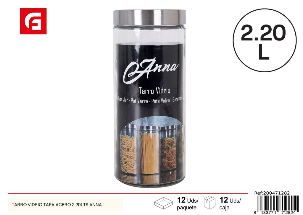 Tarro de vidrio con tapa de acero 2.2lts Anna para almacenamiento de alimentos