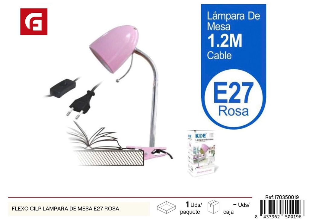 Lámpara de mesa flexo clip E27 rosa para escritorio