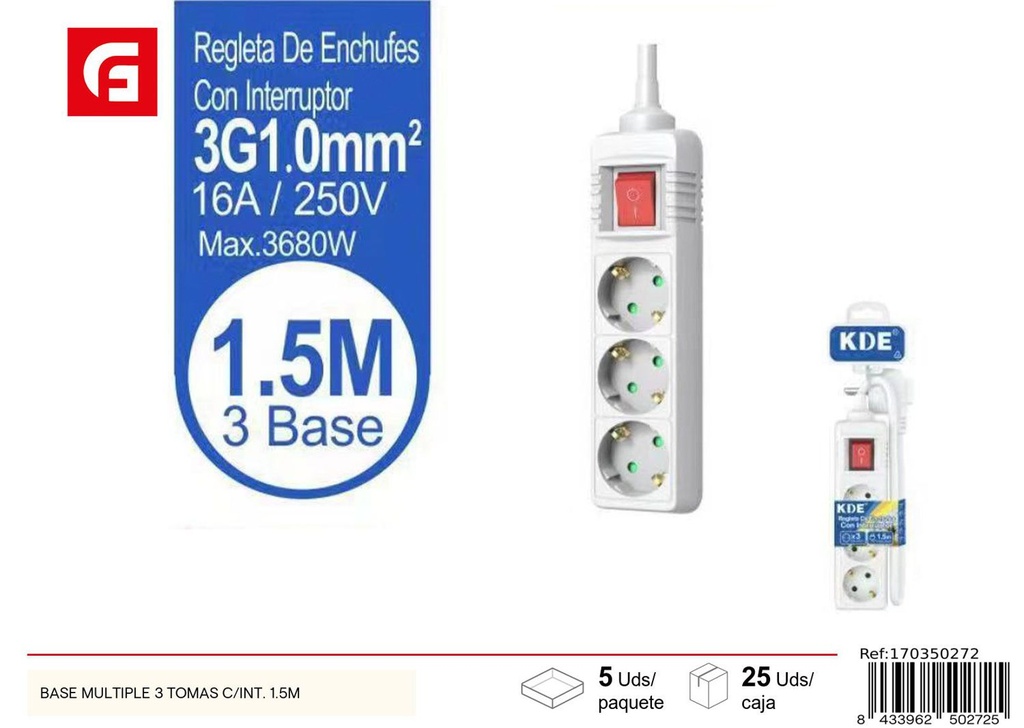 Base múltiple de 3 tomas con interruptor 1.5m