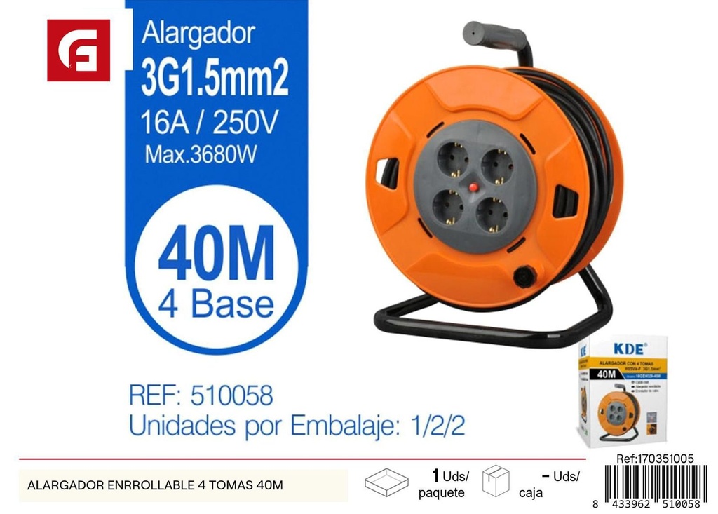 Alargador enrollable 4 tomas 40m para electricidad