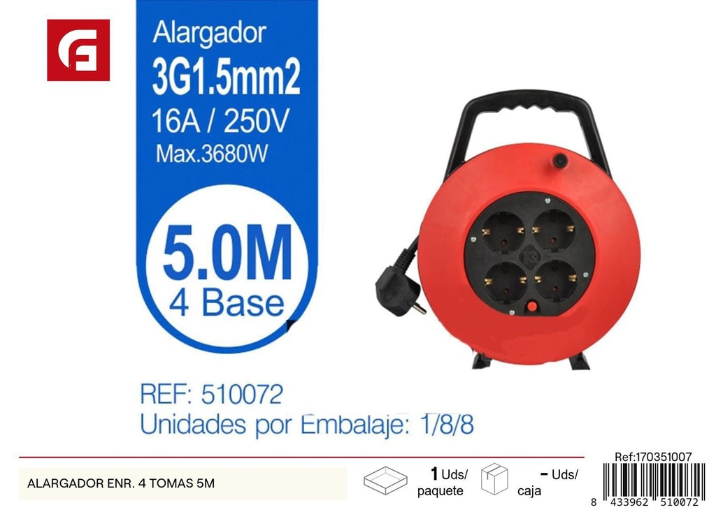 Alargador enrollable con 4 tomas 5m para electricidad