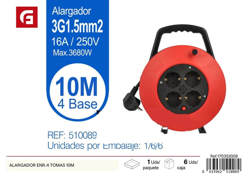 Alargador enrrollable 4 tomas 10m para electricidad