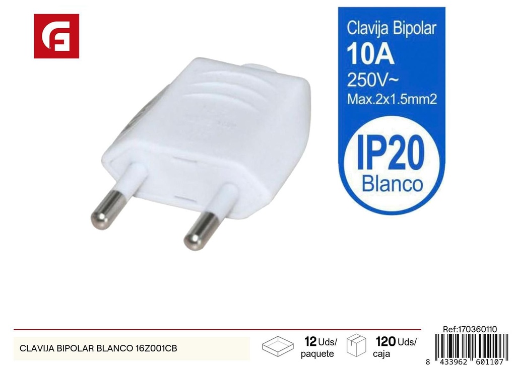 Clavija bipolar blanca 10A 250V - Suministros eléctricos