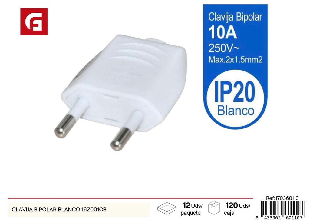 Clavija bipolar blanca 16Z001CB para conexión eléctrica