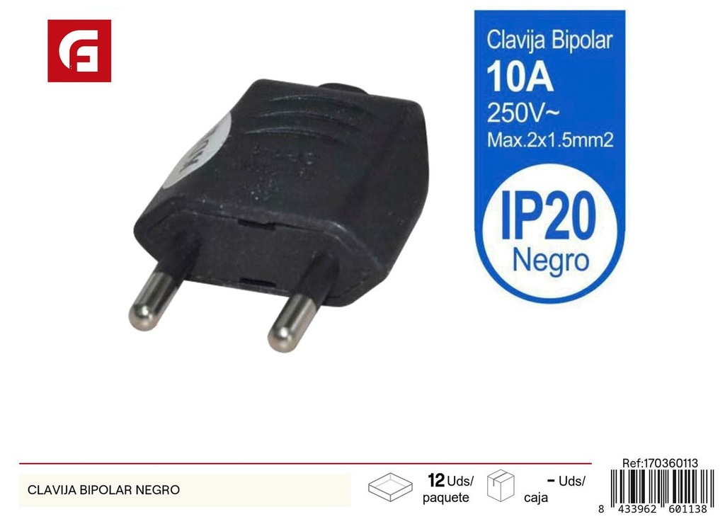 Clavija bipolar negra para conexión eléctrica