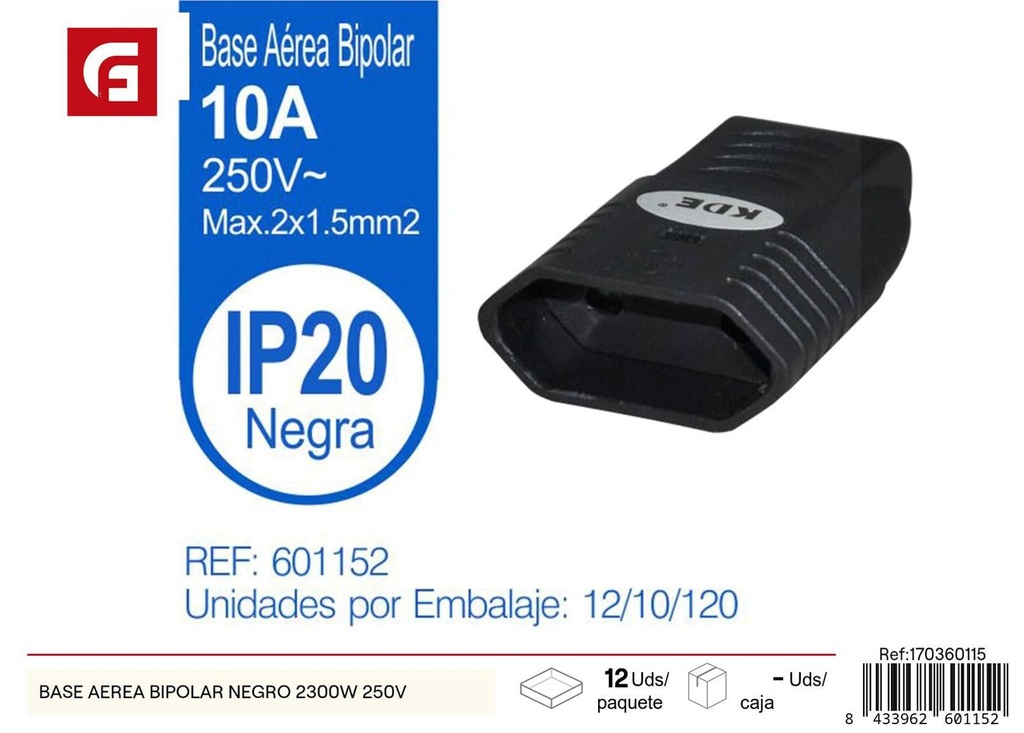 Base aérea bipolar negro 2300W 250V para conexiones eléctricas