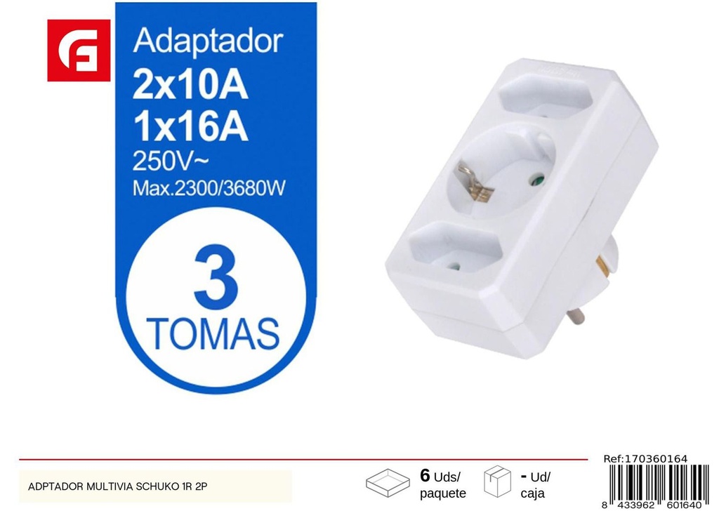 Adaptador multivía Schuko 1R+2P para enchufes y conexiones eléctricas