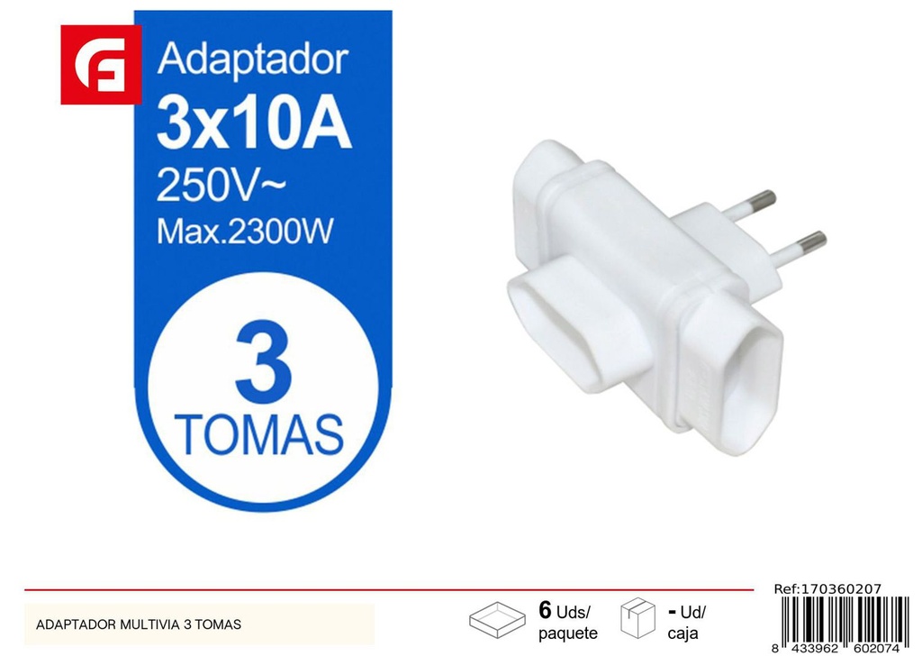 Adaptador multivia 3 tomas para electricidad