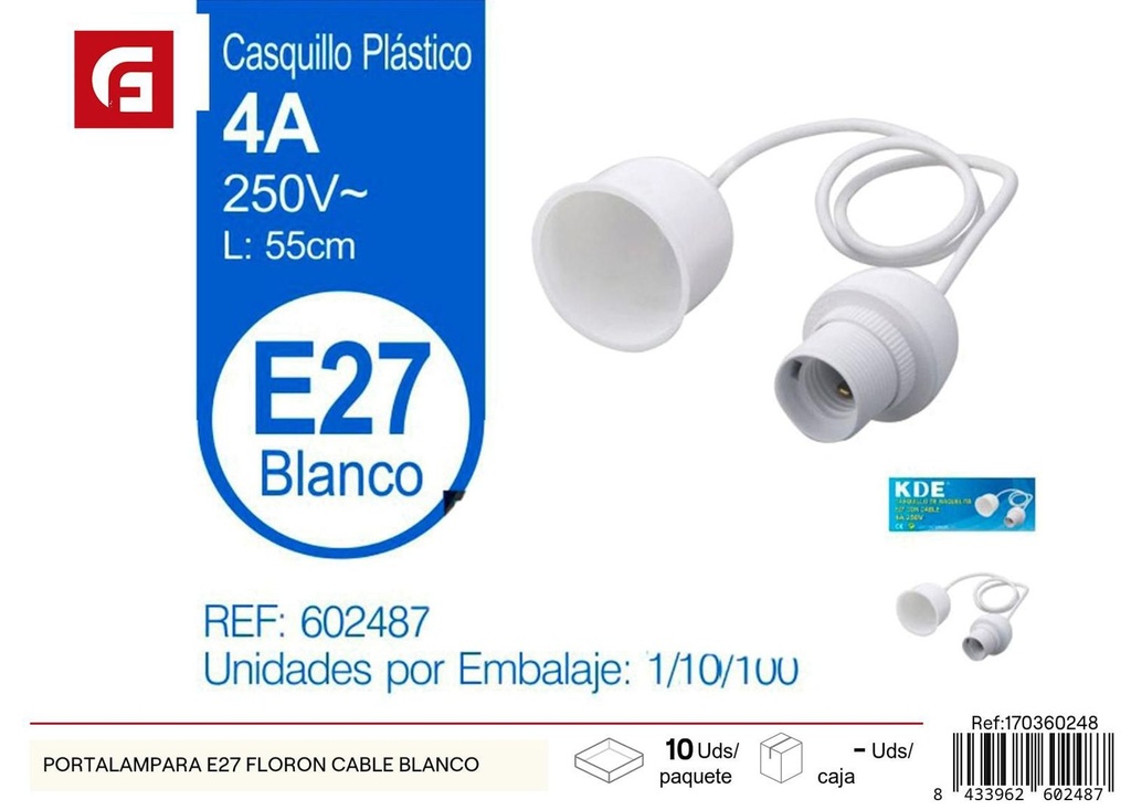 Portalámpara E27 con florón y cable blanco para iluminación