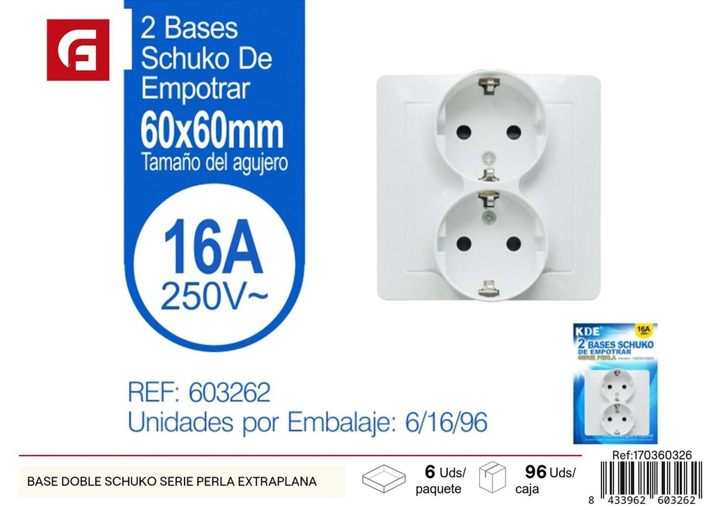 Base doble Schuko serie Perla extraplana