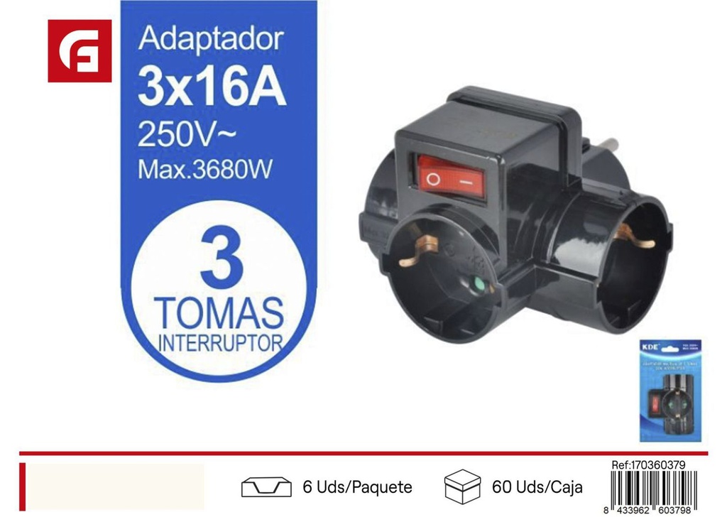 Adaptador múltiple con 3 tomas e interruptor negro para suministros eléctricos