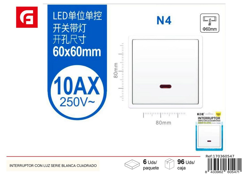 Interruptor con luz serie blanca cuadrado para instalaciones eléctricas