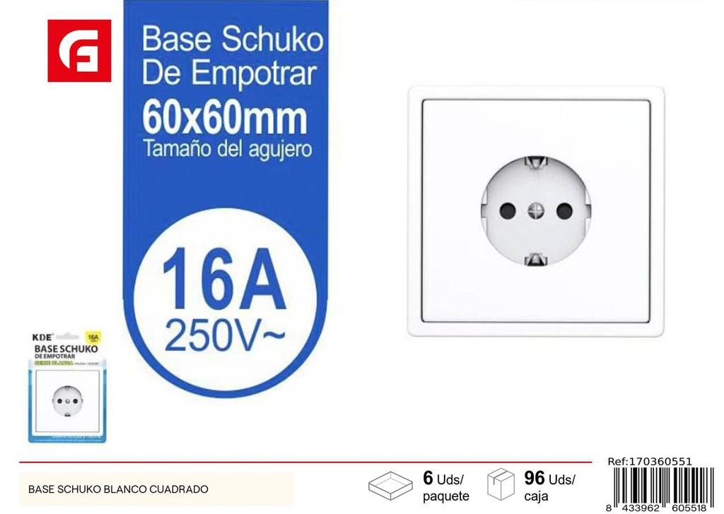 Base schuko blanco cuadrado para instalaciones eléctricas