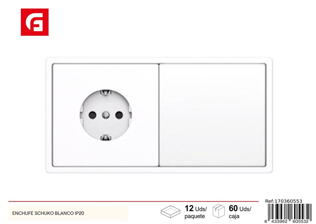 Enchufe Schuko blanco IP20 para conexión eléctrica