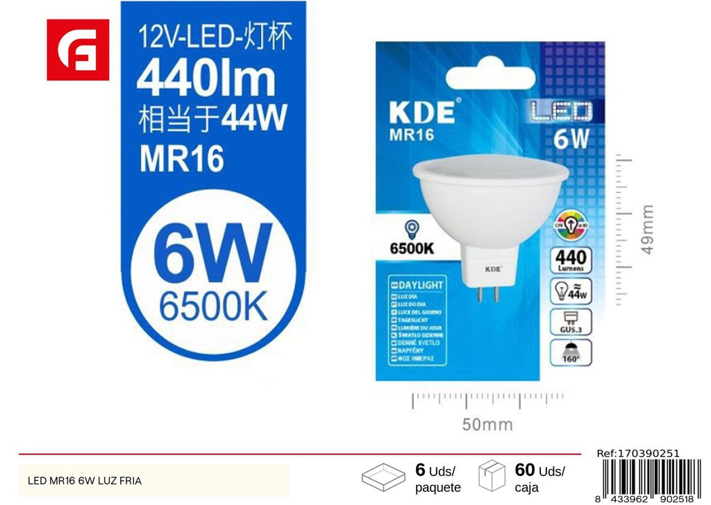 Bombilla LED MR16 6W luz fría - Iluminación