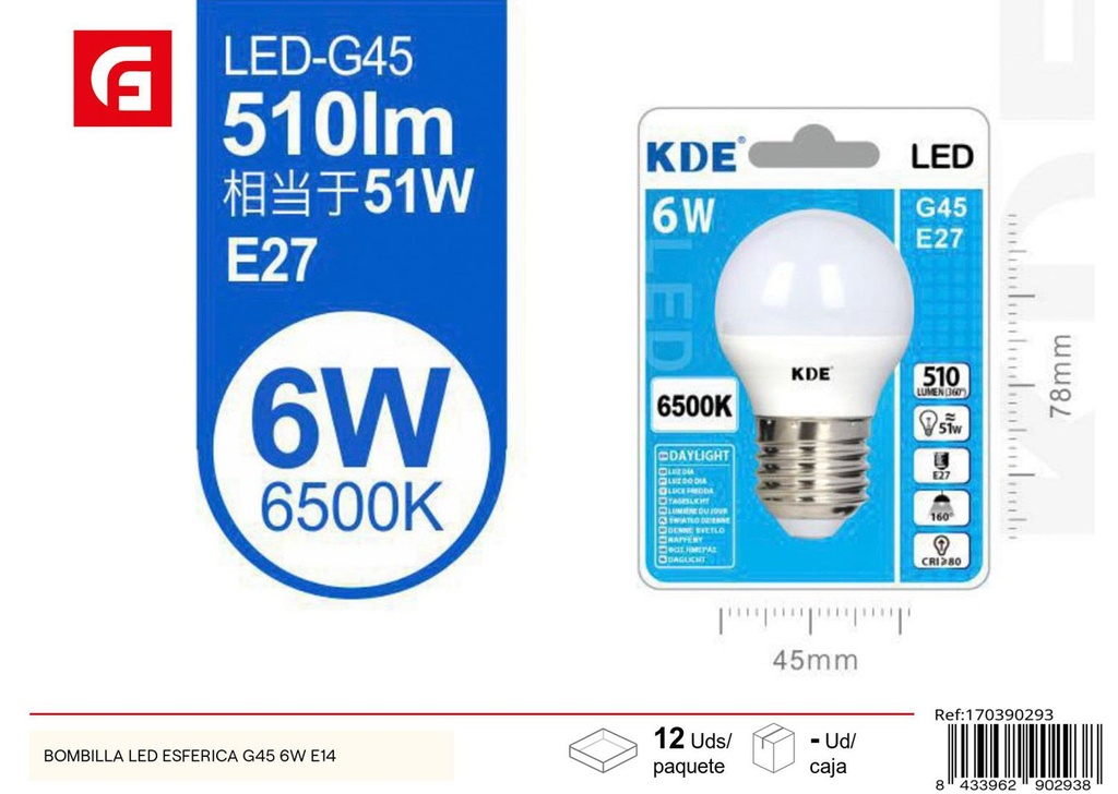 Bombilla LED esférica G45 6W E14