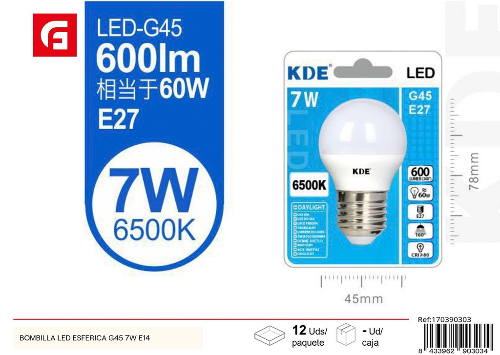 Bombilla LED esférica G45 7W E14