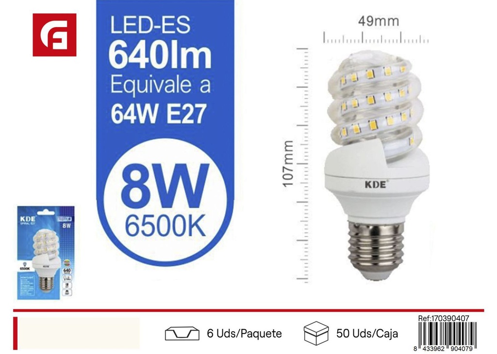 Bombilla LED espiral 8W E27 luz fría para iluminación