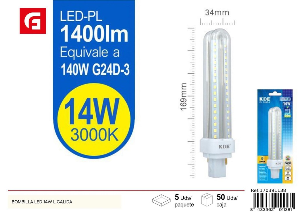 Bombilla LED 14W luz cálida para iluminación