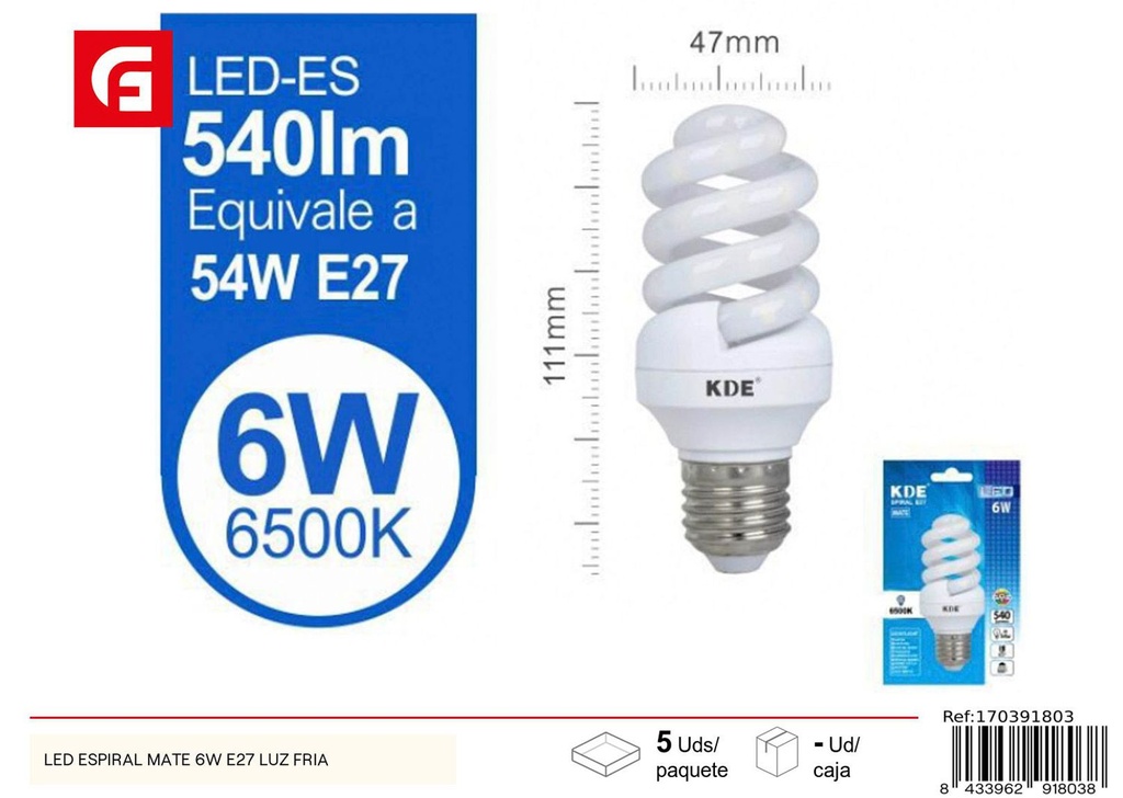 Lámpara LED espiral mate 6W E27 luz fría para iluminación