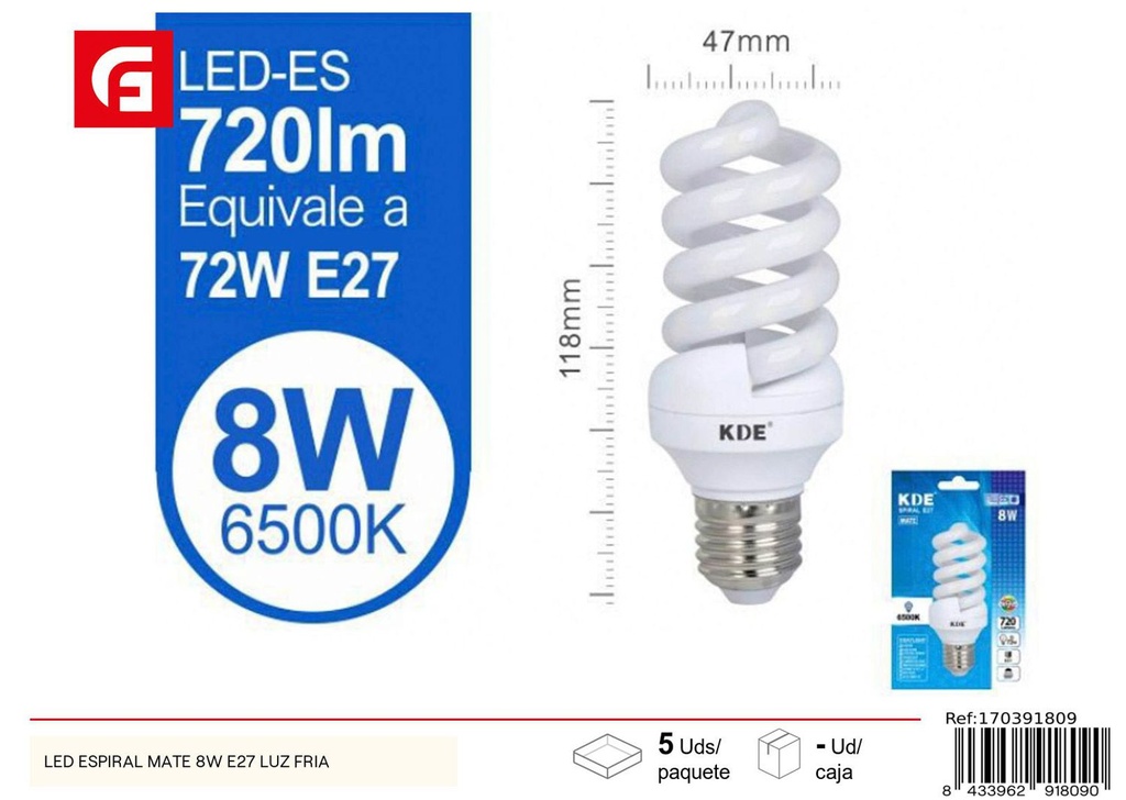 Bombilla LED espiral mate 8W E27 luz fría para iluminación