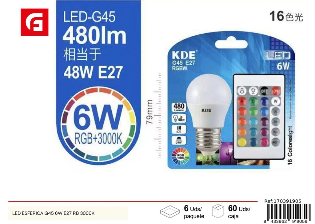 Bombilla LED esférica G45 6W E27 RB 3000K