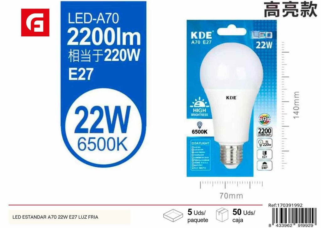 Bombilla LED estándar A70 22W E27 luz fría para iluminación