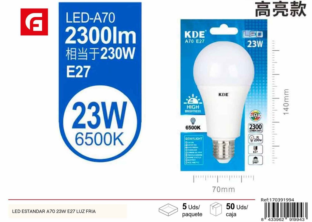 Bombilla LED estándar A70 23W E27 luz fría