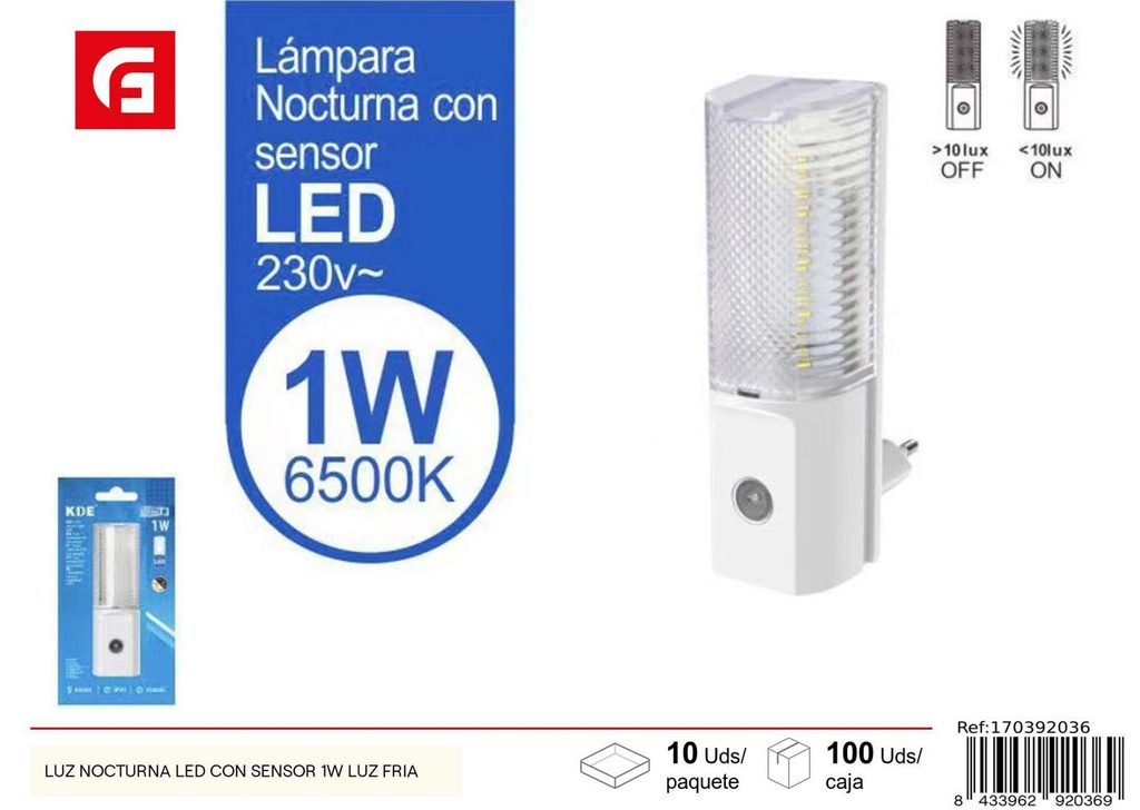 Luz nocturna LED con sensor 1W luz fría para iluminación