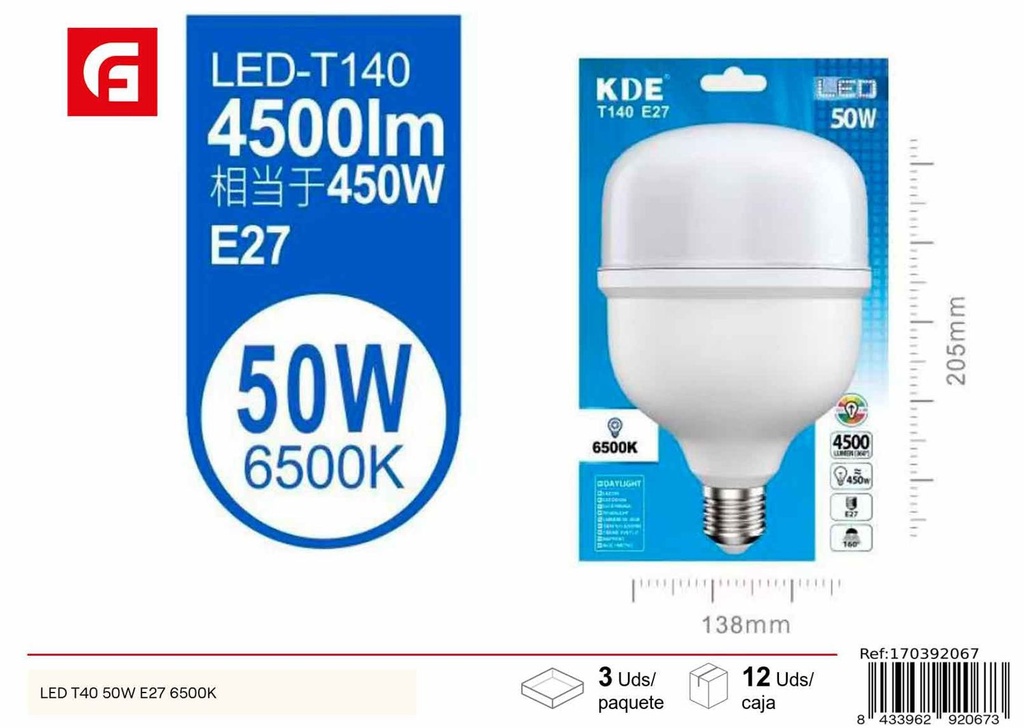 Bombilla LED T40 50W E27 6500K para iluminación