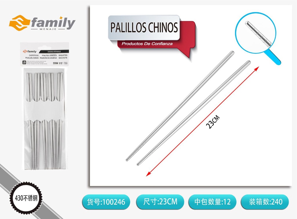 Palillos chinos de acero inoxidable 23 cm - Utensilios de cocina