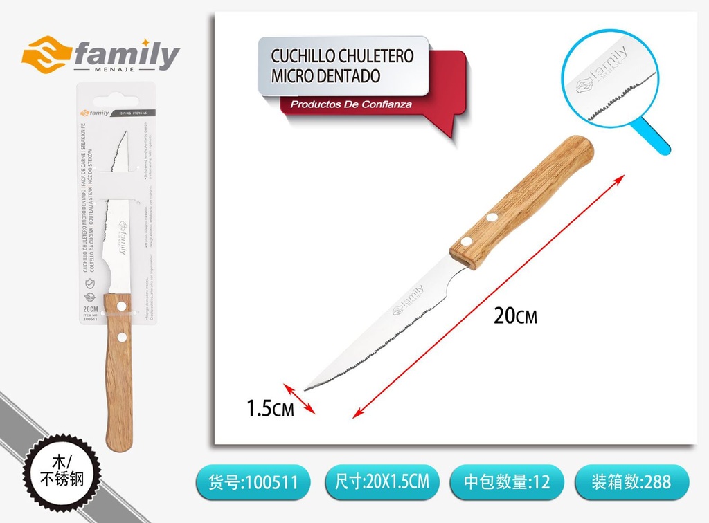 Cuchillo chuletero microdentado con mango de madera