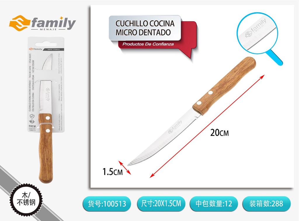 Cuchillo de cocina microdentado con mango de madera