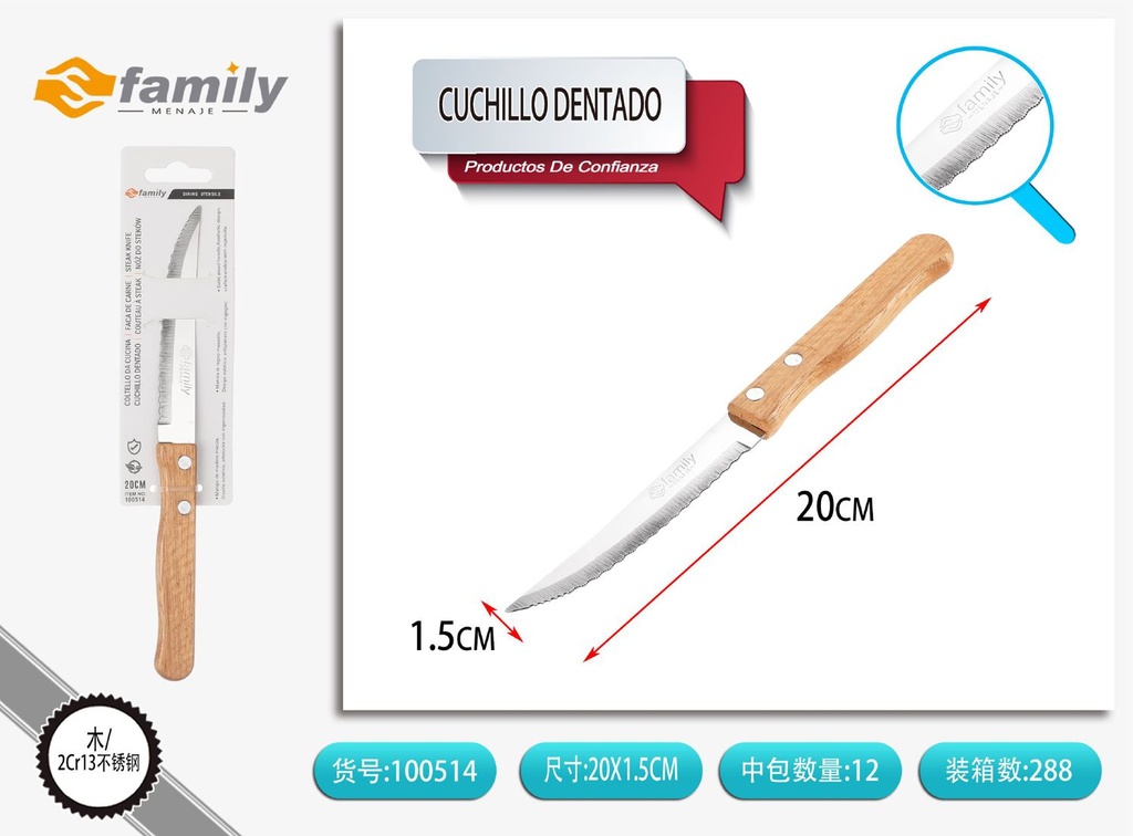 Cuchillo dentado con mango de madera para cocina