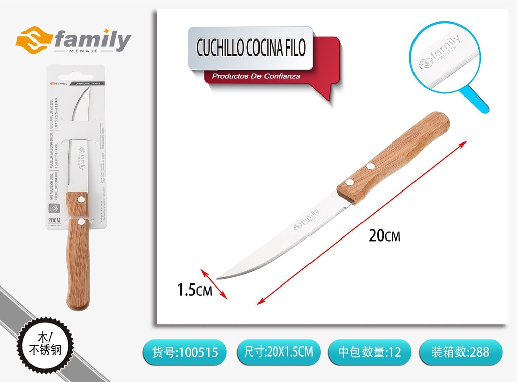 Cuchillo de cocina con mango de madera para bistec y carnes