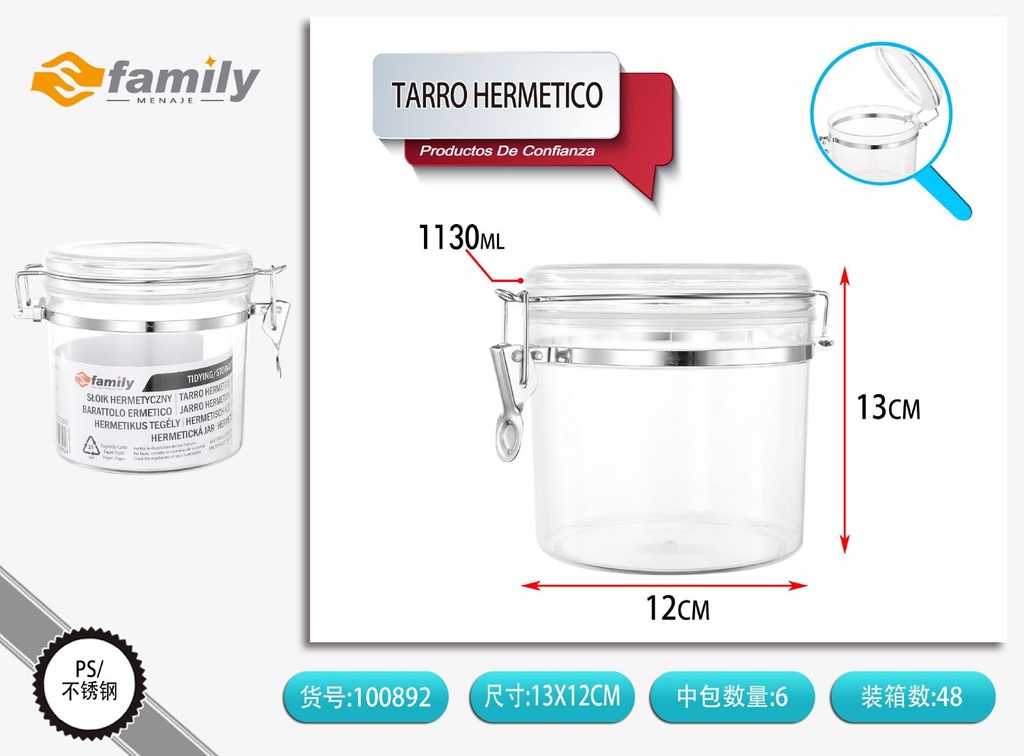 Tarro hermético de plástico 1130 ml - Almacenamiento en cocina