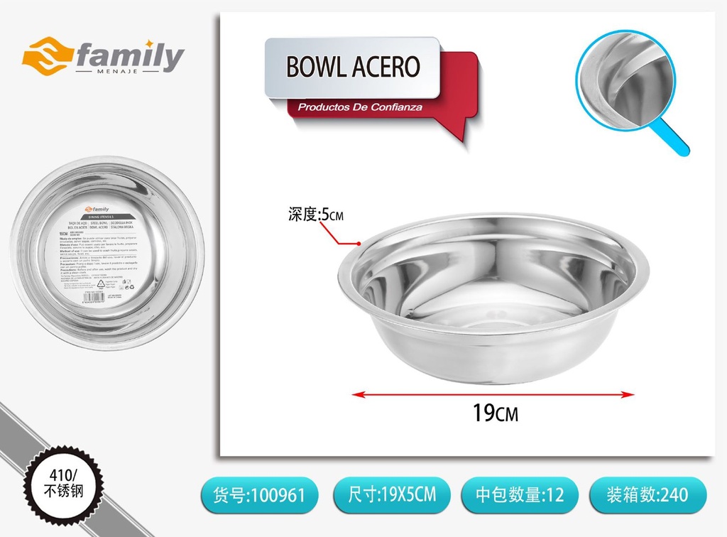 Bowl de acero inoxidable 20 cm - Utensilios para preparación de comidas