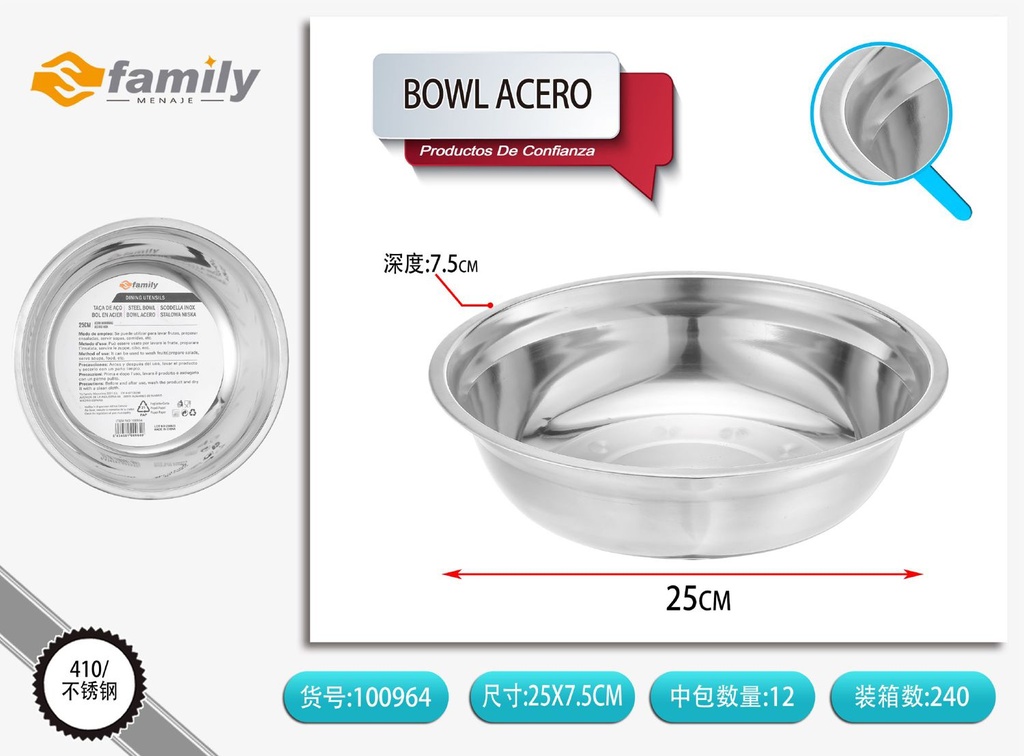 Bowl de acero inoxidable 26cm para cocina y servir