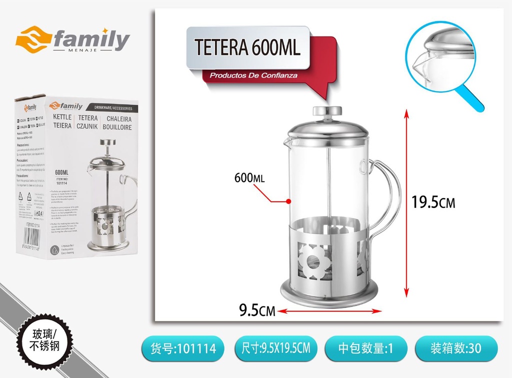 Tetera de vidrio 600ml para infusiones