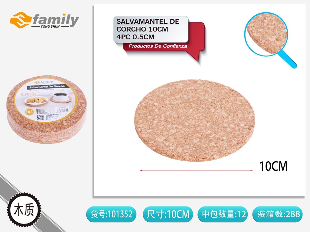 Salvamantel de corcho redondo 10cm 4pc 0.5cm de grosor para cocina