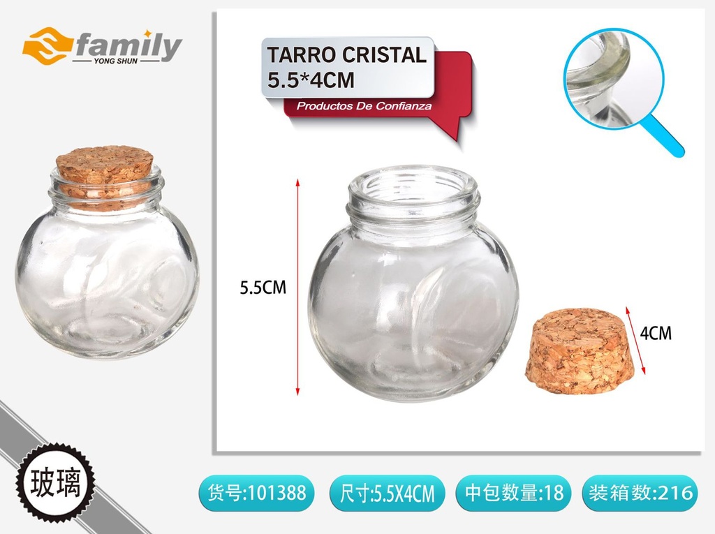 Frasco de cristal con tapón de corcho 5.5x4cm para almacenamiento