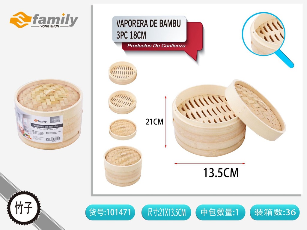 Vaporera de bambú 21cm 3pc para cocina y cocción al vapor